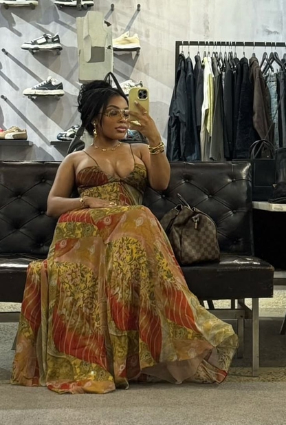 Vintage Spaghetti Straps V Neck Chiffon Print Floral A Line Long Birthday Prom Gown Party Dress SP829