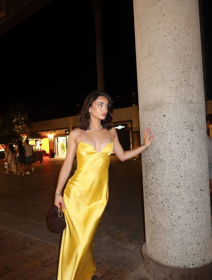 Classy Spaghetti Straps Yellow Satin Mermaid Long Party Dress Backless Wedding Guest Dress SP4125