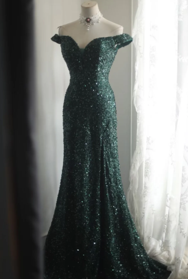 Vintage Off The Shoulder Green Sequin Slit Mermaid Wedding Guest Dress Long Party Dress SP1261