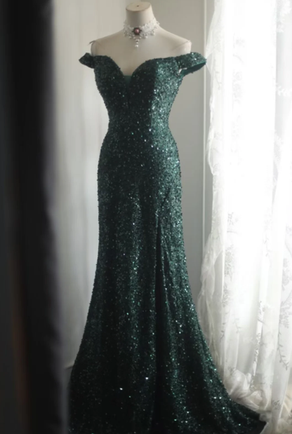 Vintage Off The Shoulder Green Sequin Slit Mermaid Wedding Guest Dress Long Party Dress SP1261