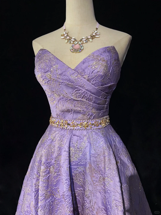 Charming Strapless Purple Satin Floral A Line Short Homecoming Dress Birthday Outfits SP2898