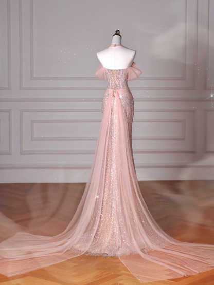 Classy Pink Halter Sequin Beaded Tulle Mermaid Evening Dress Long Prom Dress Y8620