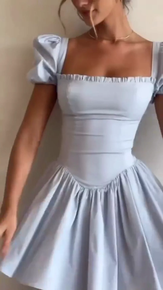 Elegant Blue Square Neck Puff Short Sleeve 7th Grade Homecoming Dress Satin A Line Mini Birthday Dress SP2746