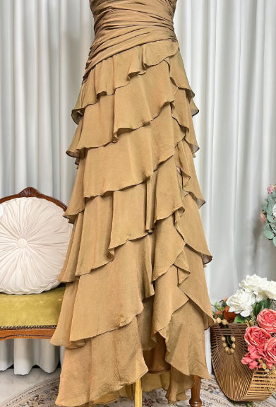 Vintage V Neck Satin Pleated Layered Ruffle Mermaid Prom Gown Formal Birthday Party Dress SP628