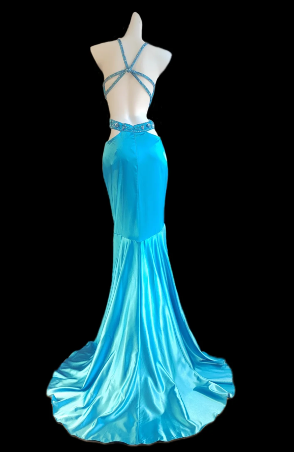 Pretty Halter Blue Satin Beaded Ruffles Mermaid Party Gown Long Prom Dress SP418