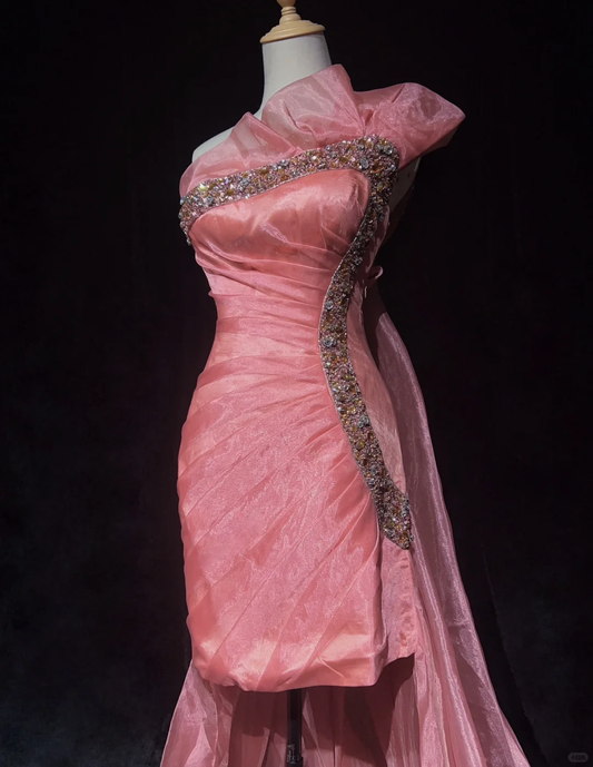Pretty Peach Pink Satin Tulle Beaded Sheath Graduation Homecoming Dress,Formal 17th Birthday Outfits SP2896
