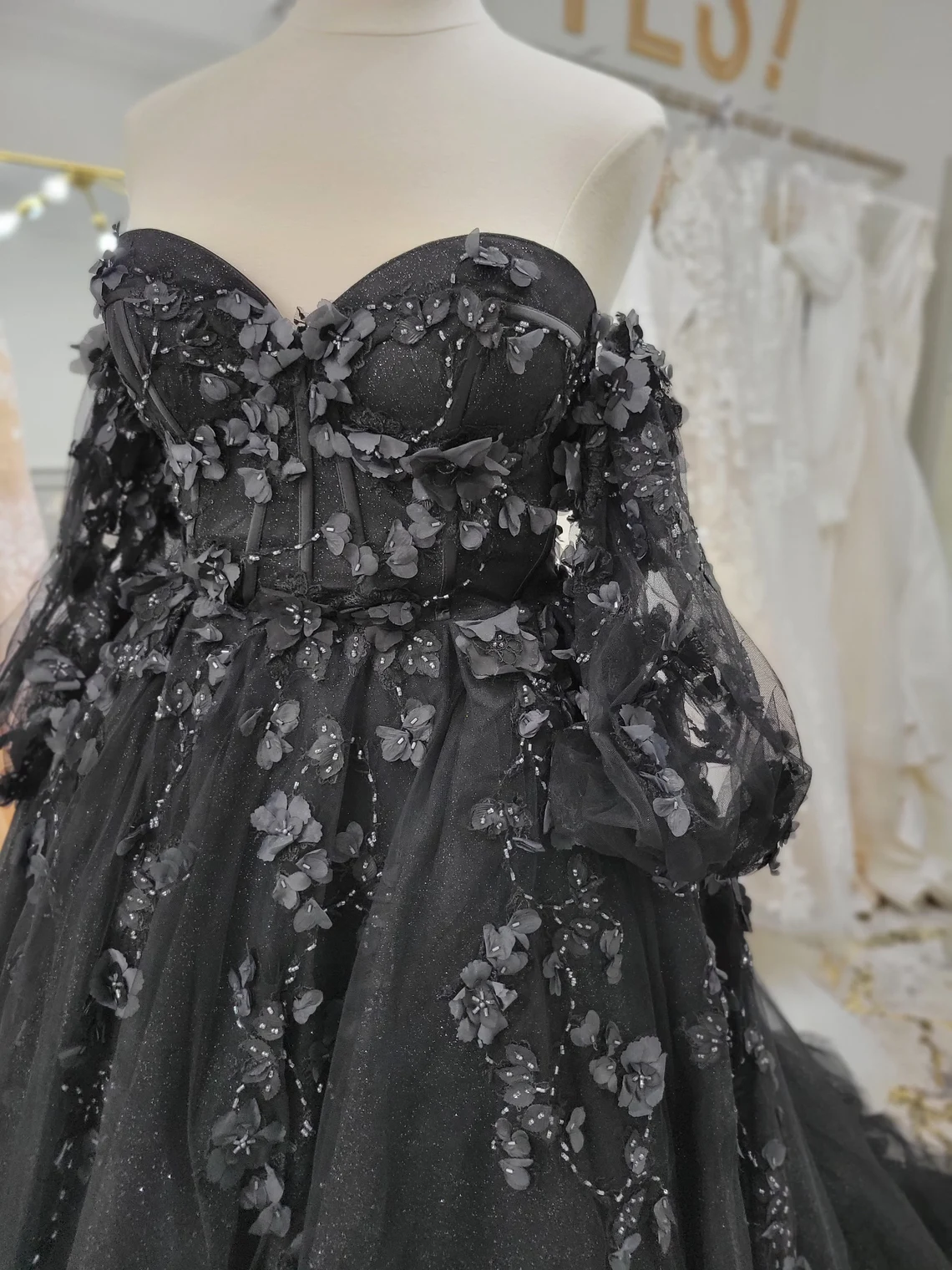 Stunning, Alternative Black Gown, Off The Shoulder Ball Gown Gothic Unconventional Wedding Dress,Y2477