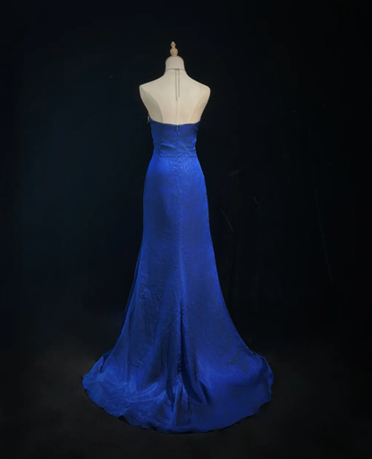 Gorgeous Strapless Satin Sequin Beaded Mermaid Long Party Dress Blue Birthday Prom Dress SP1820