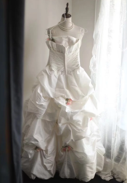 Sweet Strapless Satin Pleated Ball Gown White Princess Quinceanera Dress Sweet 16 Dress SP1214