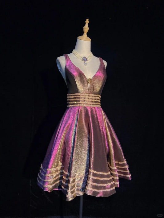 Shiny V Neck Satin Beaded A Line Short Prom Dress,Purple Short 6th Grade Homecoming Dress SP2912