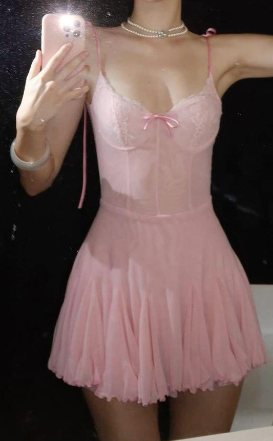 Elegant Spaghetti Straps Pink Chiffon Lace A Line Short Homecoming Dress Birthday Dress SP2474