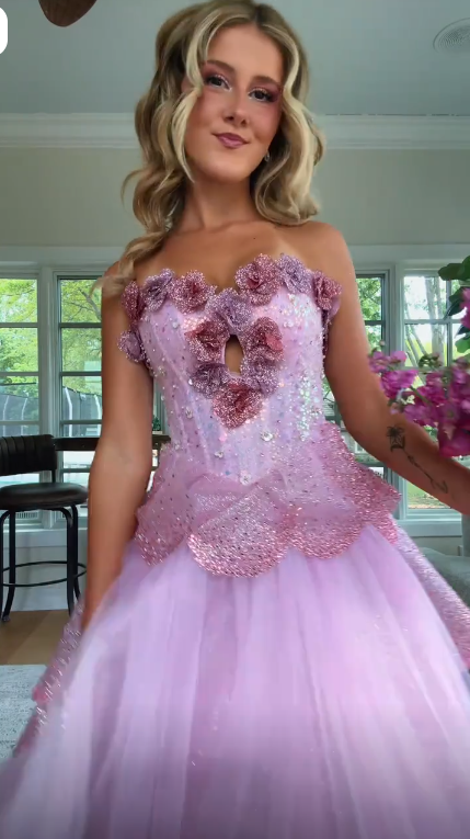 Glamorous Sweetheart Neck Tulle Sequin 3D Floral Long Party Dress,Pink Long Birthday Prom Dress SP3372