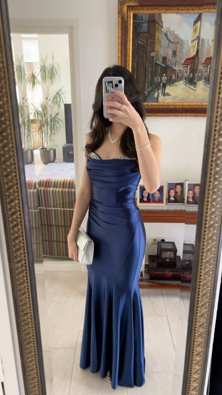 Elegant Spaghetti Straps Satin Beaded Long Wedding Guest Dress,Navy Blue Mermaid Party Dress SP2584