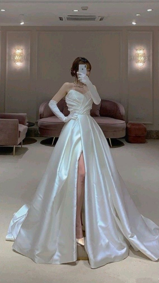 Modest White Satin Wedding Dress,White Bridal Dress Y4059
