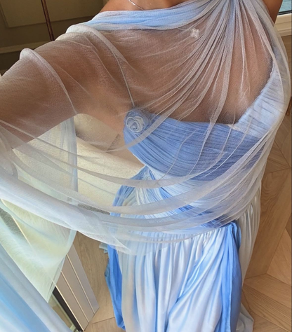 Classy Spaghetti Straps V Neck Blue Chiffon Mermaid Party Dress Long Wedding Guest Dress SP969