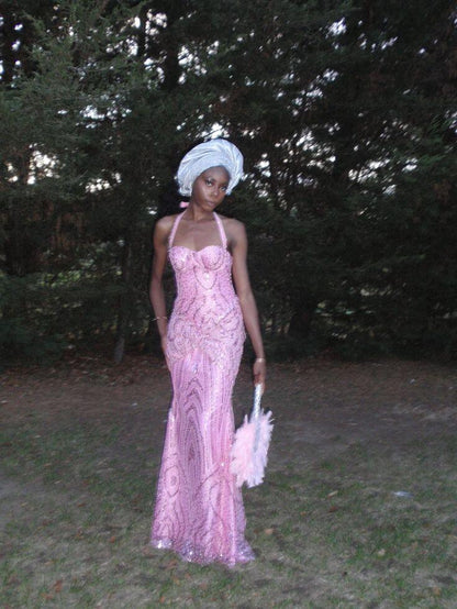 Sparkly Pink Halter Satin Tulle Sequin Beaded Mermaid Long Party Dress Evening Gown SP3713