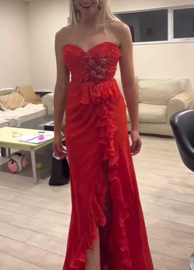 Pretty Strapless Beaded Chiffon Ruffles Mermaid Long Party Dress Red Slit Prom Dresses SP415