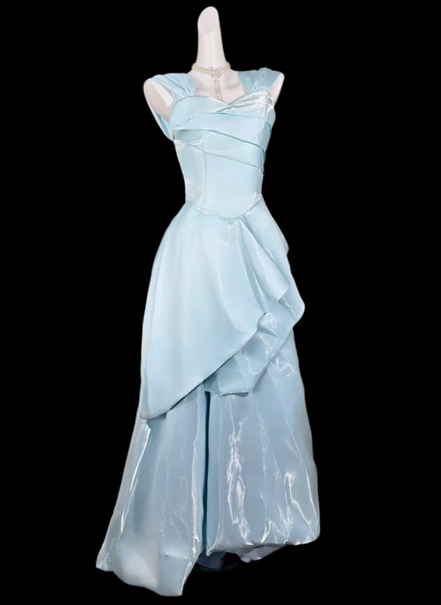 Pretty Light Blue Satin Tulle Long Party Dress Prom Dresses SP3528