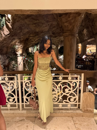 Pretty Green Lace Satin Sheath Long Prom Dress Birthday Evening Dress SP3938