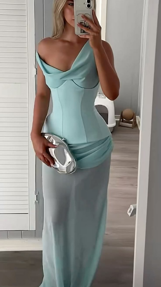 Elegant Blue Satin Chiffon Long Wedding Guest Dress,Formal Birthday Party Dress SP2956