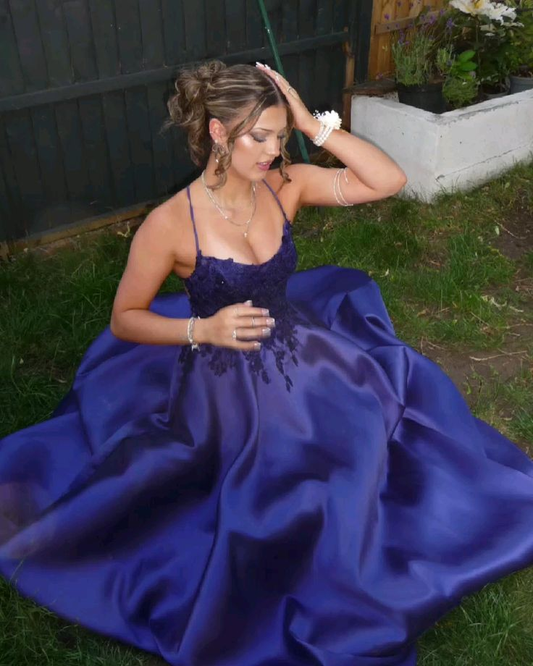 Classy Purple Satin Appliques A Line Long Wedding Guest Dress Formal Party Dress SP2222