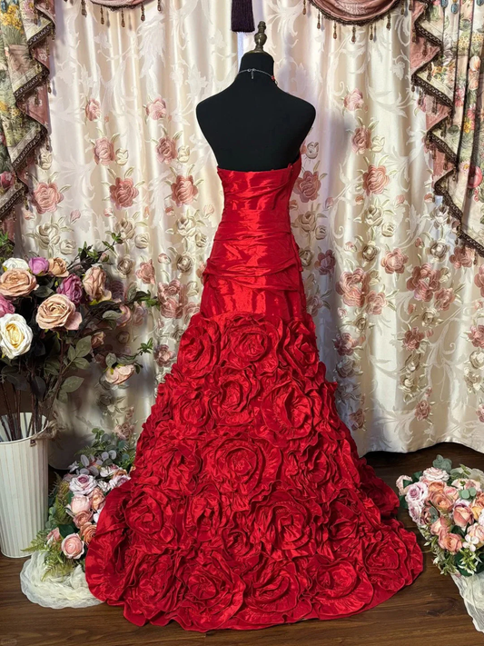 Gorgeous Red Princess Sweetheart Satin Pleated Flowers Mermaid Long Prom Dress Evening Dress SP1603