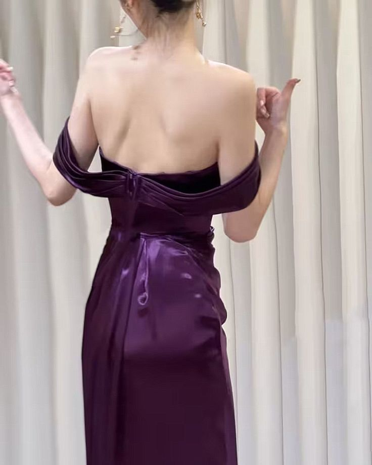 Purple Satin Off Shoulder Long Evening Dress, Satin Prom Dress Y7440