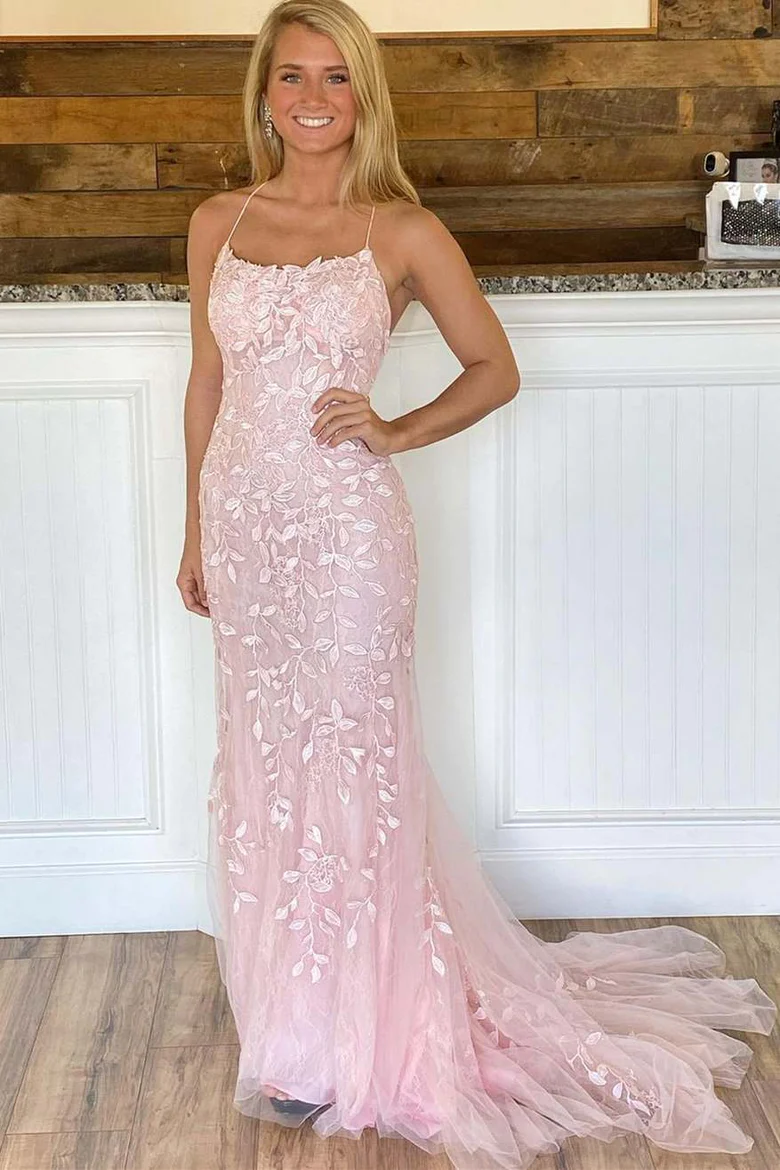 Pink Mermaid Lace Tulle Prom Dress Lace-up Back Evening Dress Y2902