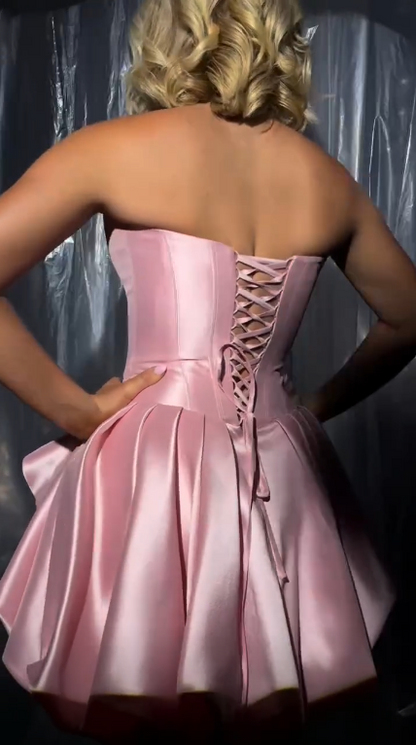 Fashion Strapless Satin Pleated A Line Short 16th Birthday Outfits,Pink Short Homecoming Dress SP3025