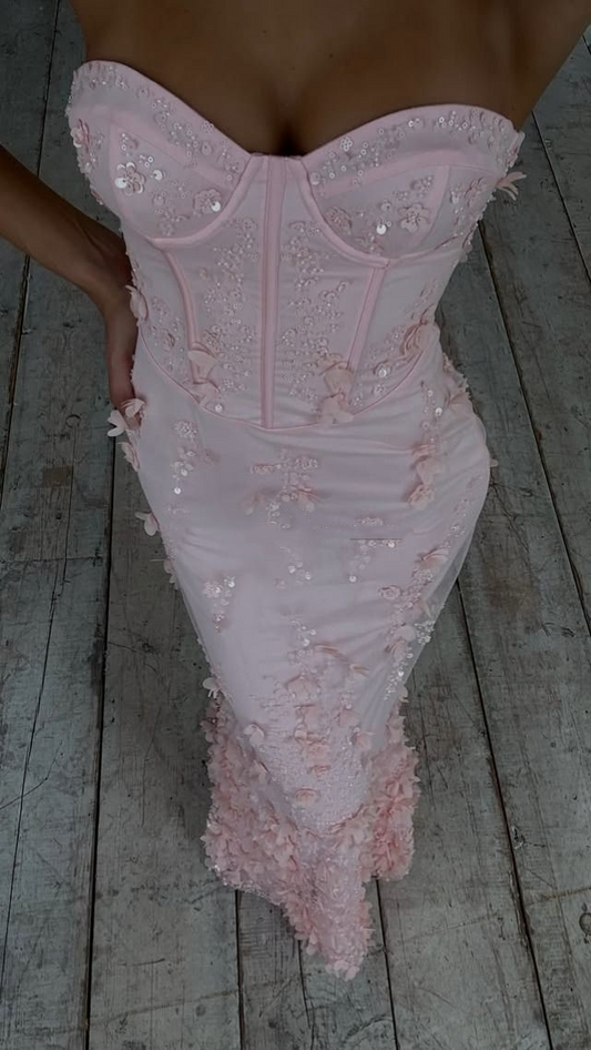 Pretty Sweetheart Neck Pink Satin Beaded Appliques Mermaid Party Dress Long Birthday Prom Gown SP1035