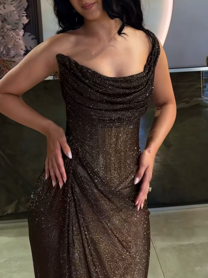Sparkly One Shoulder Brown Sequin Slit Mermaid Party Dress Long Wedding Guest Dress SP1225