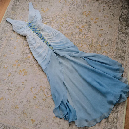Elegant V Neck Ombre Blue Chiffon Beaded Mermaid Long Party Dress Evening Gown SP2287