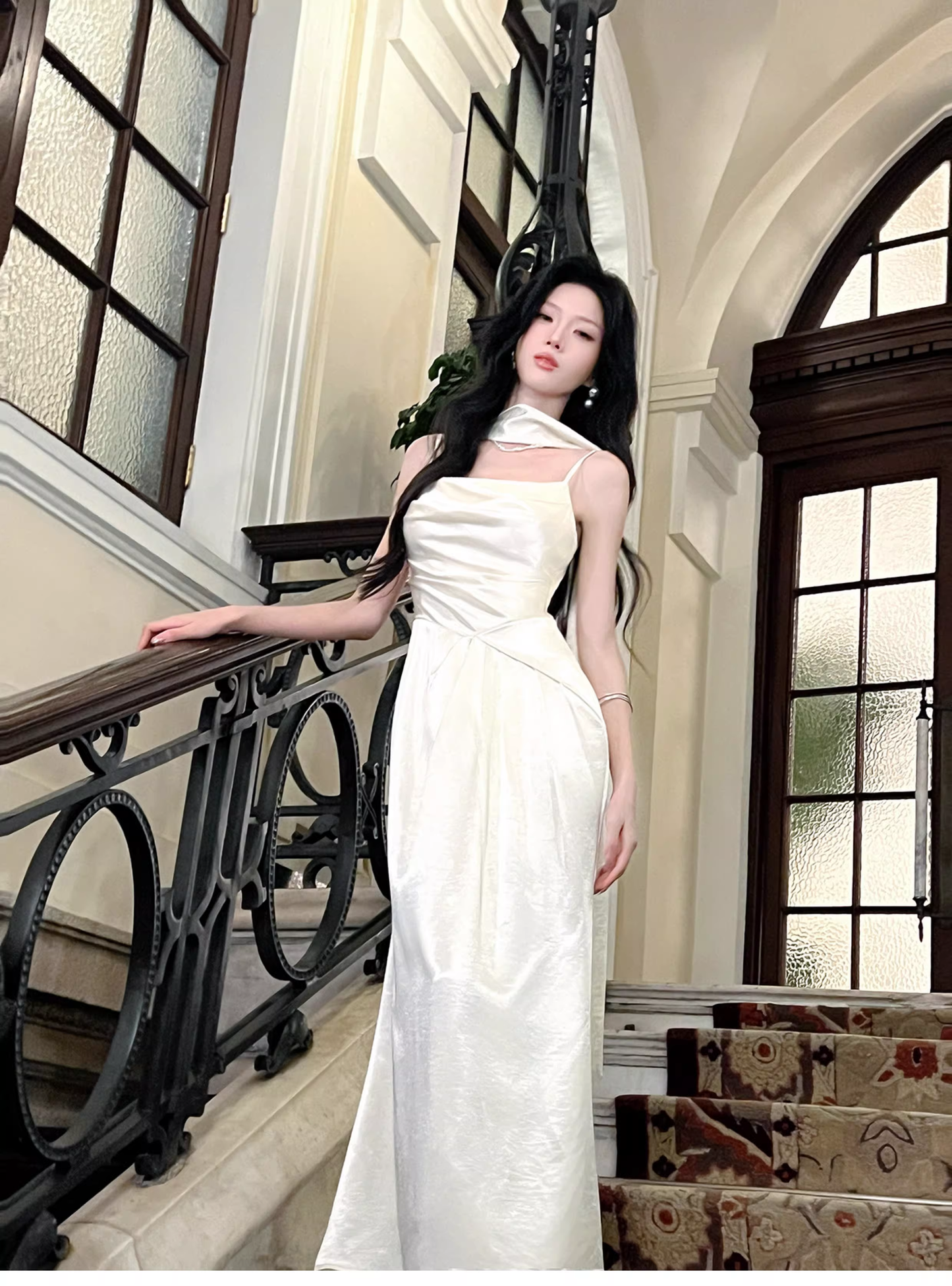 Classy Spaghetti Straps White Satin Mermaid Long Wedding Guest Dress Formal Evening Dress With Scarf SP1645