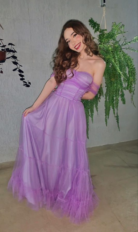 Purple A-line Off Shoulder Long Evening Prom Dresses Y5991