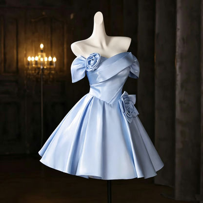 Classy Blue Satin Off the Shoulder Pleated Homecoming Dress,A Line Short Birthday Outfits SP3431