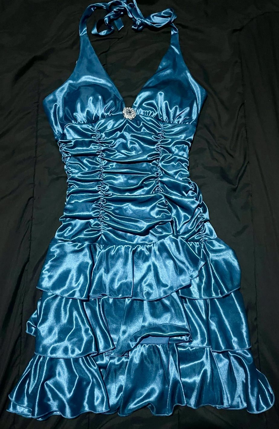 Sexy Halter Blue Satin Pleated A Line Short Homecoming Dress Cocktail Dress SP3489