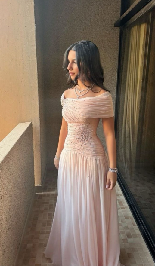 Pretty Off The Shoulder Pink Chiffon Pleated Beaded Long Party Dress Prom Gown SP500
