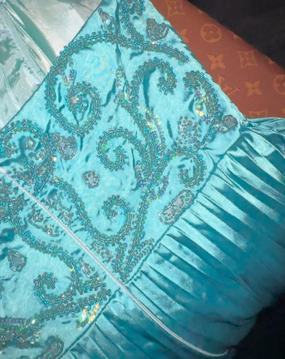 Pretty Strapless Blue Satin Pleated Beaded Mermaid Party Dress Birthday Prom Dress SP675