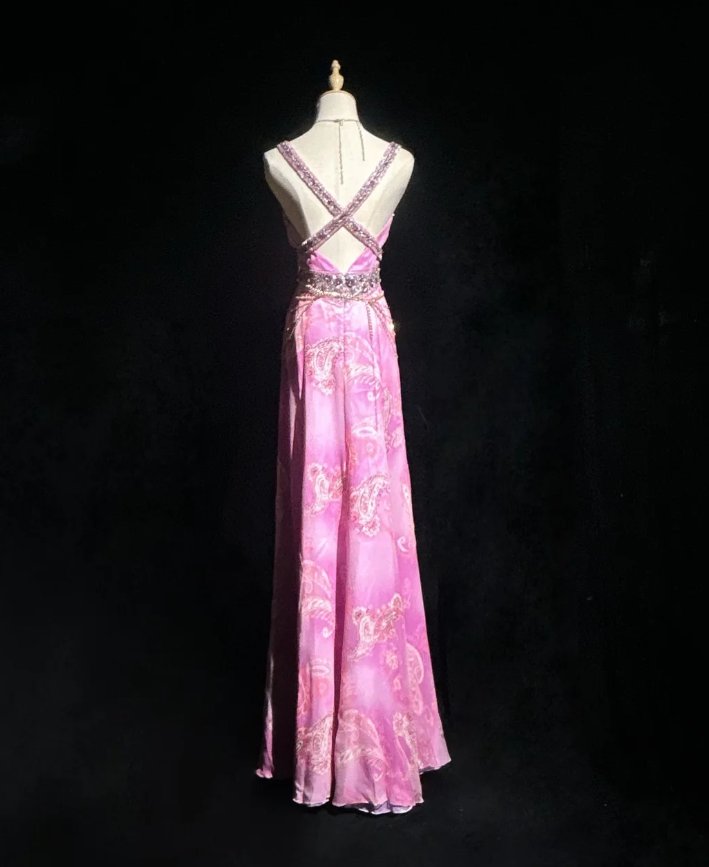 Glamorous Pink Spaghetti Straps Chiffon Floral Beaded Mermaid Evening Dress Long Party Dress SP1816