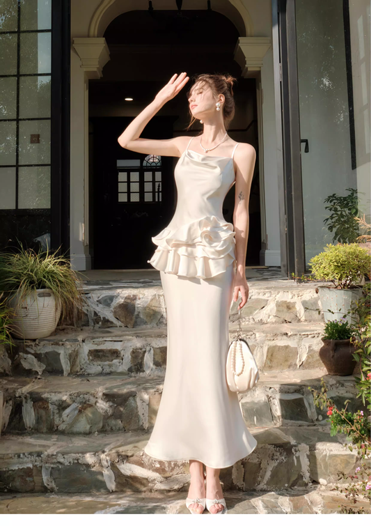 Elegant Ivory Satin Ruffles Long Party Gown Spaghetti Straps Mermaid Birthday Outfits SP1993