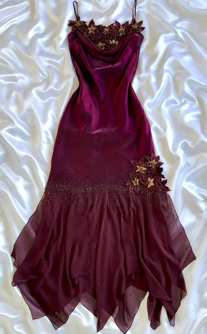 Classy Spaghetti Straps Dark Fuchsia Satin Chiffon Beaded Mermaid Party Dress Long Birthday Prom Dress With Flowers SP2241