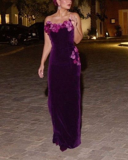 Vintage Floral Strapless Purple Velvet Sheath Long Birthday Outfits Formal Party Dress SP643