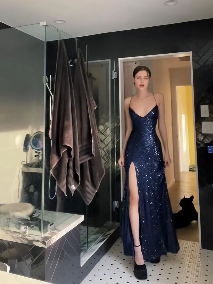 Sexy Navy Blue V Neck Slit Evening Dress Long Prom Dress Y7798