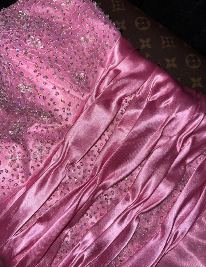 Charming Pink Strapless Satin Beaded Mermaid Evening Dress Birthday Prom Gown SP729