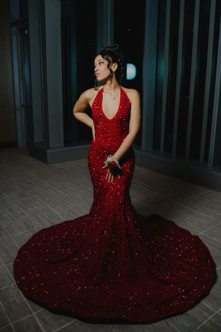 Glitter Red Sequins Mermaid Evening Dress With Train  Y5567