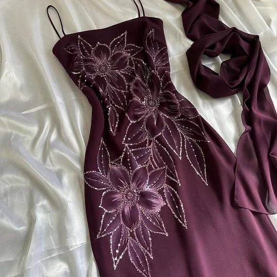 Retro Spaghetti Straps Purple Chiffon Sequin Floral Long Party Dress Prom Gown With Scarf SP2243