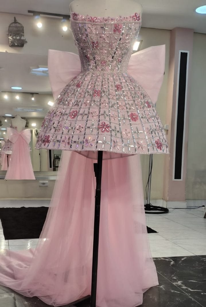 Gorgeous Pink Tulle Beaded A Line Short Homecoming Dress,Strapless Short 18th Birthday Outfits With Bow SP3380