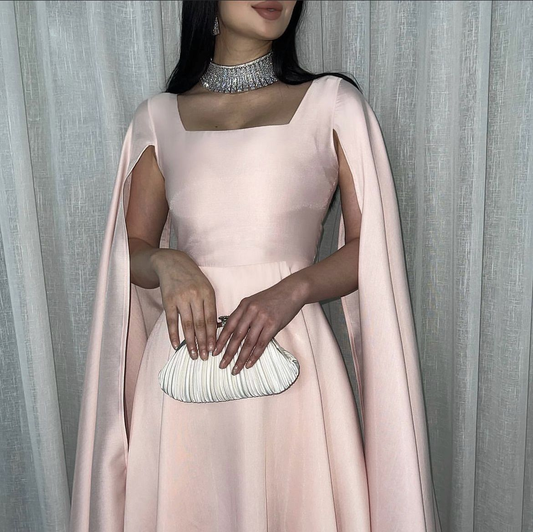 Elegant Long Pink Prom Dresses A Line Square Collar Chiffon Cape Ankle Length Short Party Gown for Women Y4612