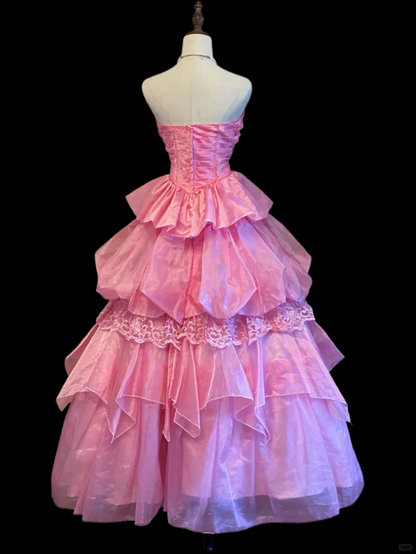 Pretty Strapless Pink Lace Satin Pleated Beaded Long Party Dress Evening Dress SP4091