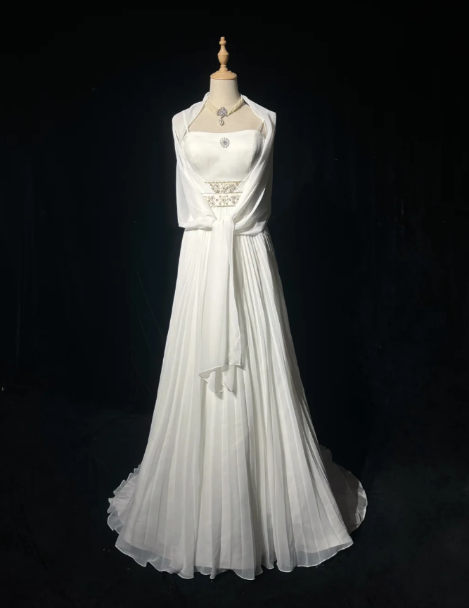 Classy Spaghetti Straps Chiffon Beaded Mermaid Party Dress White Birthday Prom Gowns SP1856